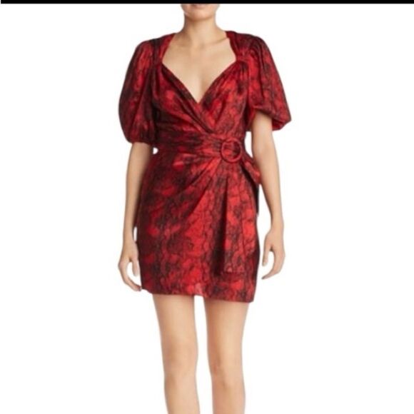 RONNY KOBO Dress Torrey Mini V neck Puffed Sleeve Snakeskin Print Red Size XS - Picture 14 of 14